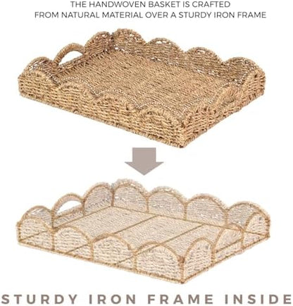 Scalloped Seagrass Tray, Hand-Woven Wicker Storage Baskets with