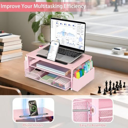 AUPSEN Pink Desk Organizers and Accessories, 2-Tier Wood Computer