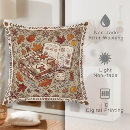 Cozy Autumn Reading Nook Quote Leaves Throw Pillow Covers 12x20 Set of