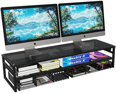 Simple Trending 2-Tier Metal Dual Monitor Stand with USB & 2 Drawers
