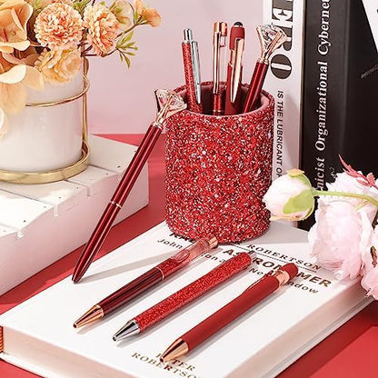 Sabary 8 Pcs Red Diamond Pens with Glitter Desk Pen Holder for Women