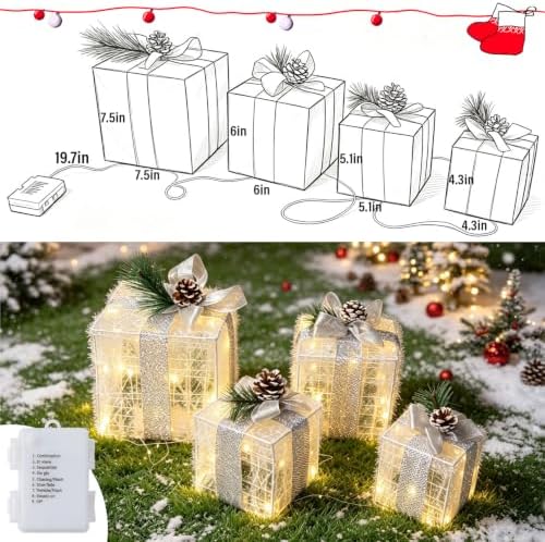 Hourleey Set of 4 Christmas Lighted Gift Boxes Warm White 70 LED