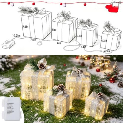 Hourleey Set of 4 Christmas Lighted Gift Boxes Warm White 70 LED