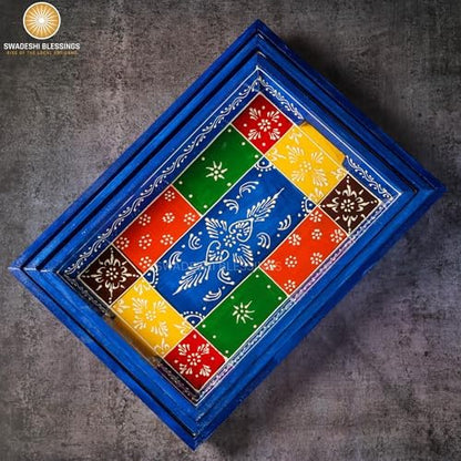 Swadeshi Blessings Hand-Painted Wooden Serving Tray Set of 3, Vintage