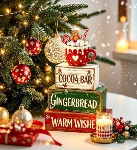 Gingerbread Tiered Tray Decor, 4 Pcs Wooden Block Signs, Christmas