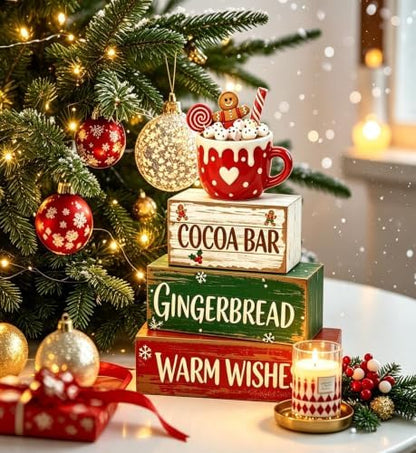 Gingerbread Tiered Tray Decor, 4 Pcs Wooden Block Signs, Christmas