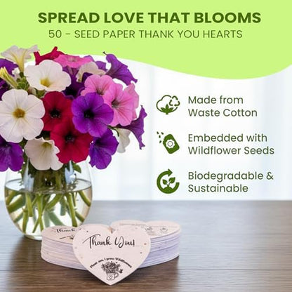 50 Plantable Seed Paper Hearts with Wildflower Seeds- A Thank You Card