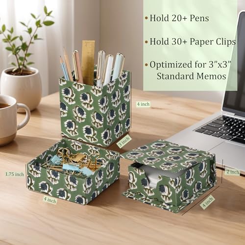 Ridhi Basil Green Block Print Desk Organizer Pen & Notepad Holder