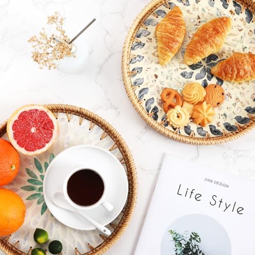 14 inch Round Rattan Tray Home Decor, Wicker Serving Tray with Mother