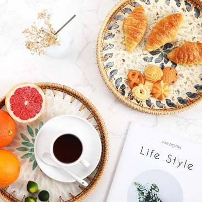 14 inch Round Rattan Tray Home Decor, Wicker Serving Tray with Mother