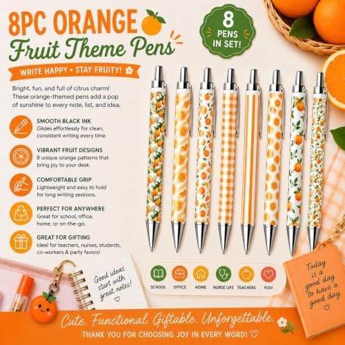 8PC Orange Fruit Theme Pens Bulk Gift Set Cute Fruity Zest Summer Fall
