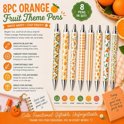 8PC Orange Fruit Theme Pens Bulk Gift Set Cute Fruity Zest Summer Fall