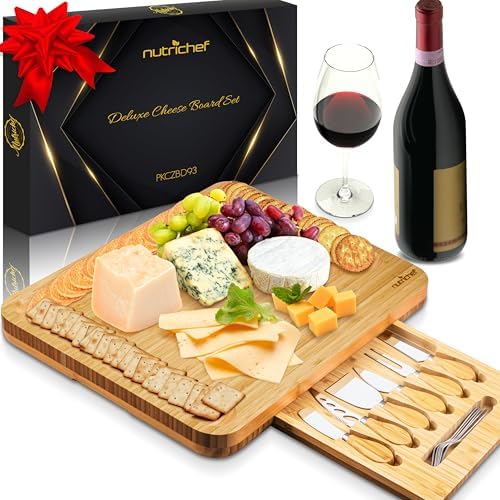NutriChef Organic Bamboo Cheese & Charcuterie Board Set, Extra Large