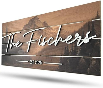 Custom Mountain Family Name Sign - Rustic Wood Wall Decor