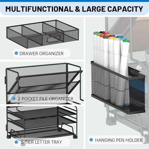 5 Tier Desk Organizer with Drawer & Pen Holders, Desk File Organizer