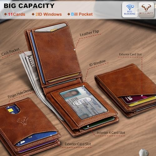 BULLIANT Men Slim Leather Pocket Wallet Bill Holder 11Cards-Genuine