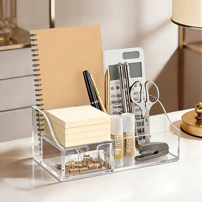HBlife Acrylic Desk Organizer with Drawer, Pen & Pencil Holder