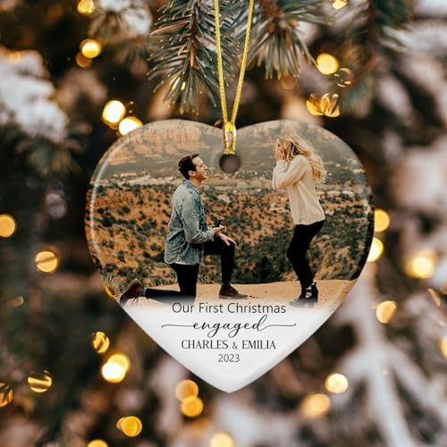 Personalized Photo Our First Christmas Engaged Ceramic Ornament