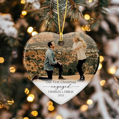 Personalized Photo Our First Christmas Engaged Ceramic Ornament