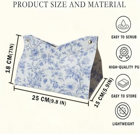 UTELKA Blue Flroal Rectangle Tissue Box Cover PU Tissue Holder 9.8x6x7