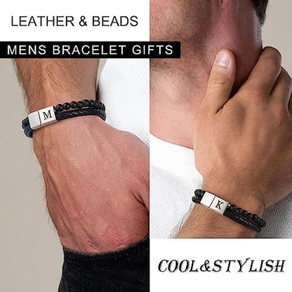 LUXEJEW Gifts for Men - Mens Bracelet, Beaded Leather Initial Bracelet