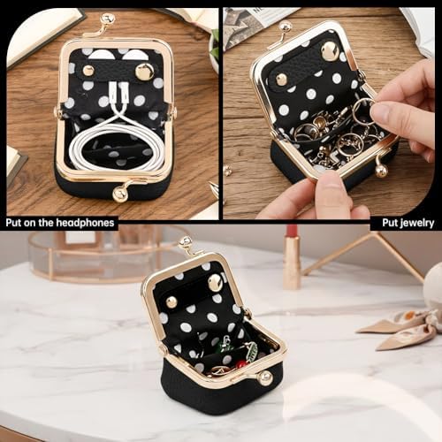 Genuine Leather Mini Jewelry Box with Vintage Kiss Lock, Black