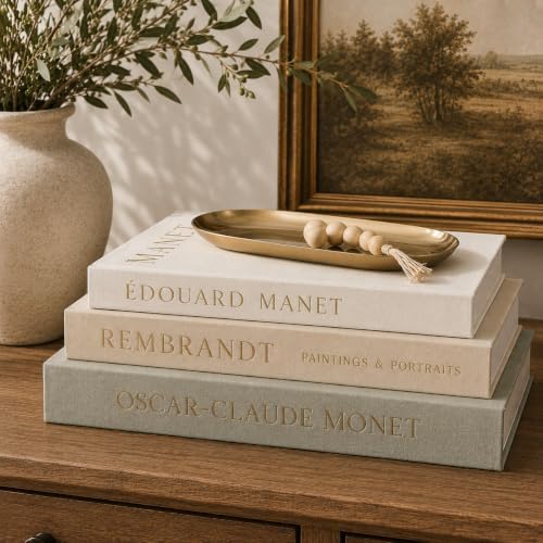 Aesthetic Decorative Books - Set of 3 with Gold Metal Tray, Linen Fake
