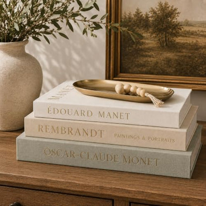Aesthetic Decorative Books - Set of 3 with Gold Metal Tray, Linen Fake