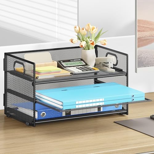 Subekyu 3 Tier Paper Letter Tray Organizer for Desk, Black Metal Mesh
