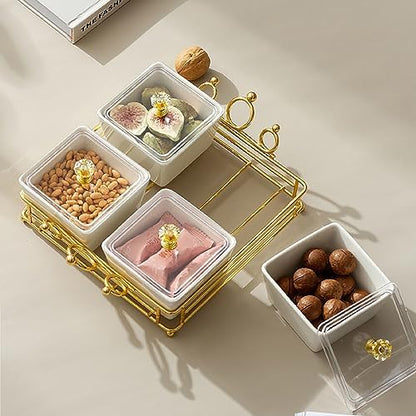 YA JU Ceramic Bowls and with Lid Gold Basket Trays, 4 Removable Small