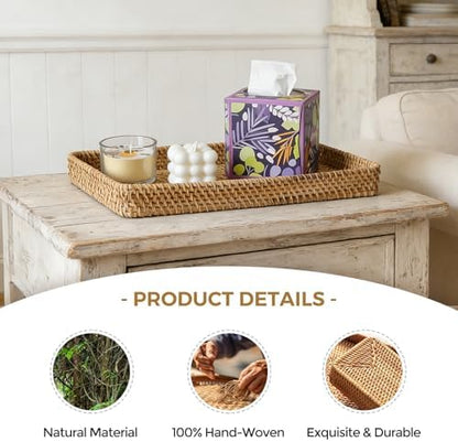 Rattan Serving Tray, Woven Wicker Rectangle Shallow Basket for