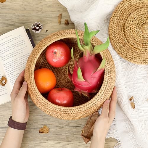 Hipiwe Round Rattan Boxes with Lid Natural Woven Picnic Storage Basket
