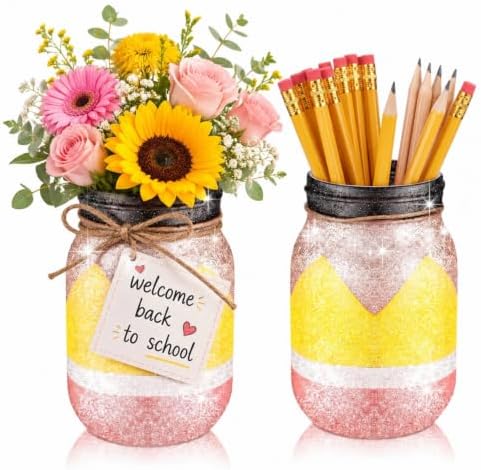 Funnymoom 2 Pcs 2026 Back to School Glitter Mason Jar, Pencil Apple