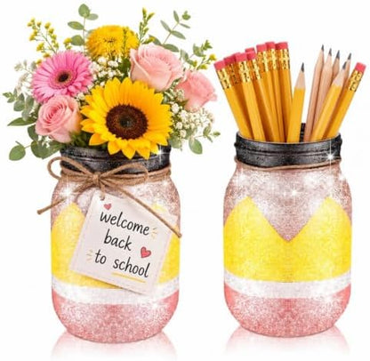 Funnymoom 2 Pcs 2026 Back to School Glitter Mason Jar, Pencil Apple