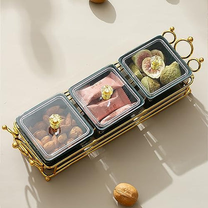 YA JU Ceramic Bowls and with Lid Gold Basket Trays, 3 Removable Small