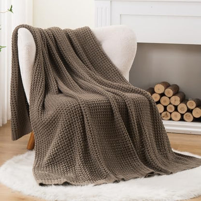 Knitted Waffle Throw Blanket, Camel Tan Throw Blanket for Couch