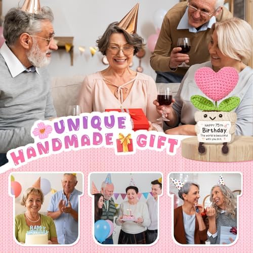 75th Birthday Gifts for Women – Handmade Crochet Heart Flower, 75th