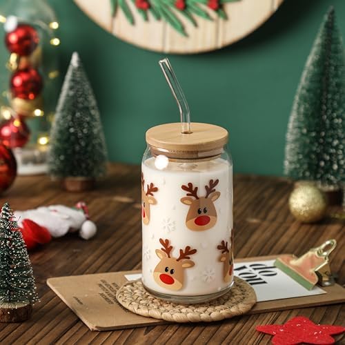 Christmas Reindeer Cup, 16oz Clear Glass Cups with Lids and Straws