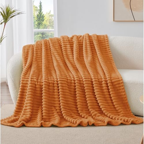 BEDELITE Ribbed Fleece Fall Throw Blanket, Burnt Orange, 50"x60"