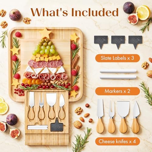 Bamboo Charcuterie Board Set, 13 Inch Cheese Board with Knives, Sauce