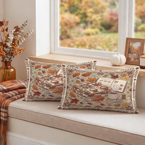 Cozy Autumn Reading Nook Quote Leaves Throw Pillow Covers 12x20 Set of