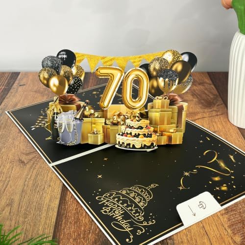 70th Birthday Pop Up Card, Elegant Black Gold 3D Design