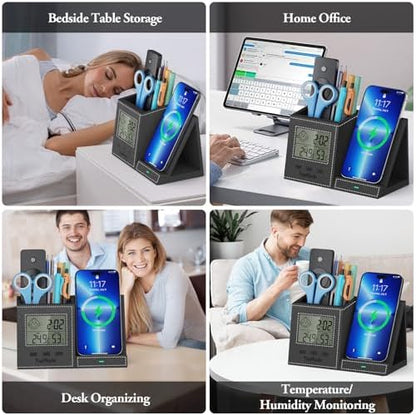 Pen Holder with Wireless Charger, Led Screen Desk Caddy with Digital