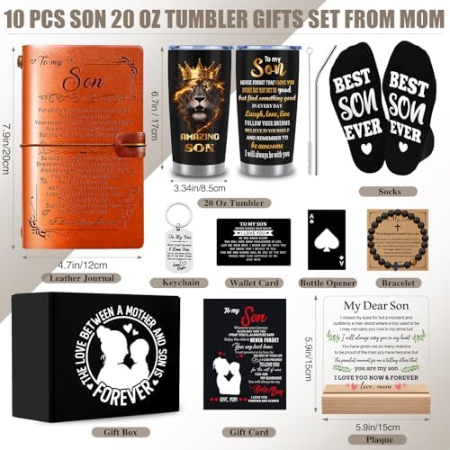 10 PCS Son Gifts from Mom with 20 Oz Tumbler, Leather Journal, Acrylic