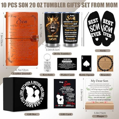 10 PCS Son Gifts from Mom with 20 Oz Tumbler, Leather Journal, Acrylic
