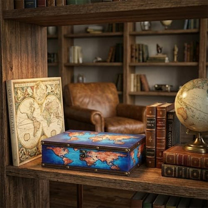 DreamsEden Decorative Wooden Storage Box with Vintage World Map Design