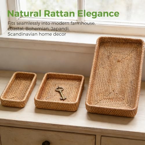 Rattan Serving Tray,Rectangle Wicker Storage Basket Set of 3 for