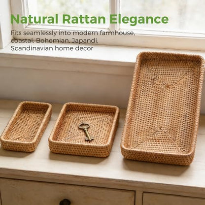 Rattan Serving Tray,Rectangle Wicker Storage Basket Set of 3 for