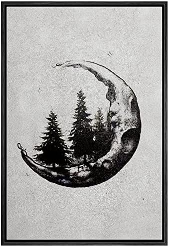 IDEA4WALL Framed Canvas Print Wall Art Pine Trees in Crescent Moon