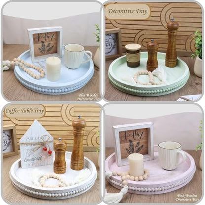Round Wood Serving Tray with Beads, White Washed Wooden Decorative